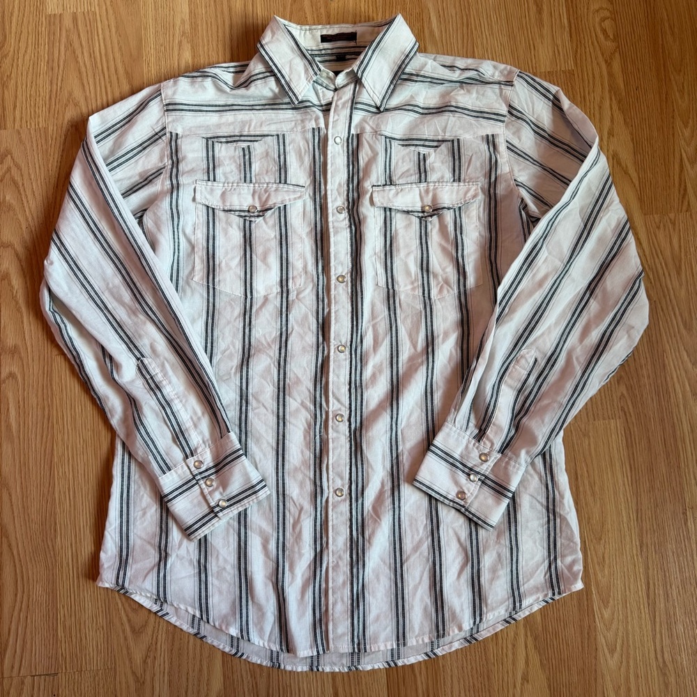 Men's Western Pearl Snap Striped Button-Down Shirt - White and Black